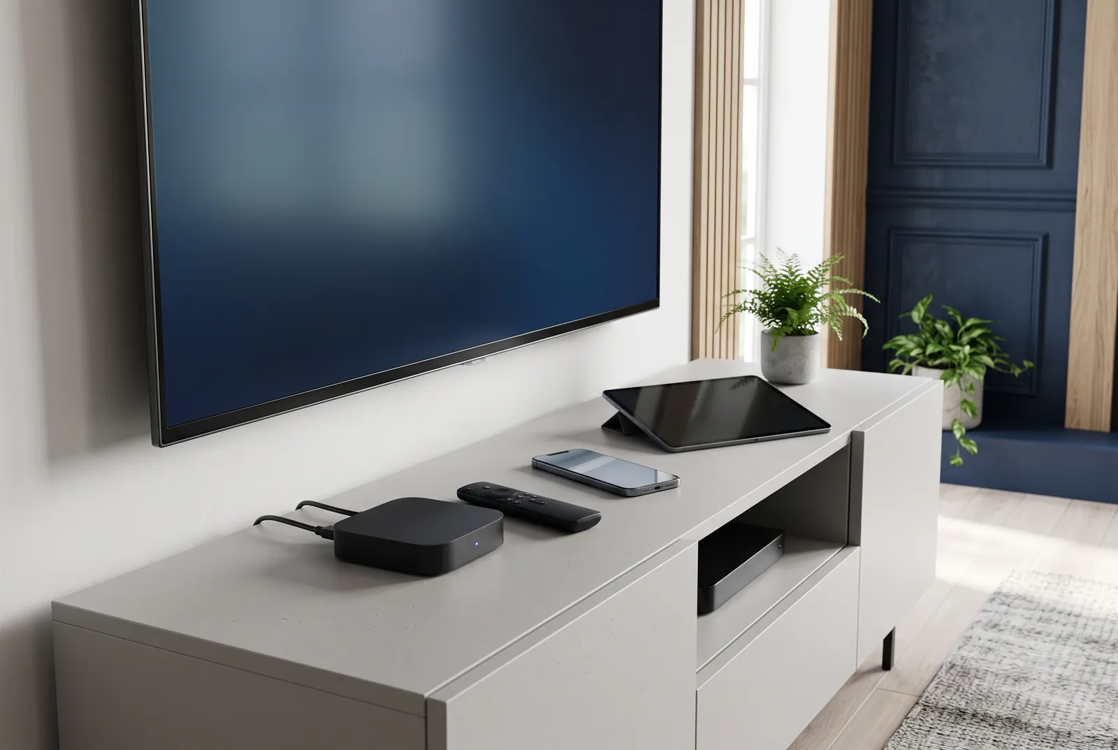 Wall-mounted TV above a media unit with a streaming box, remote control, smartphone and tablet