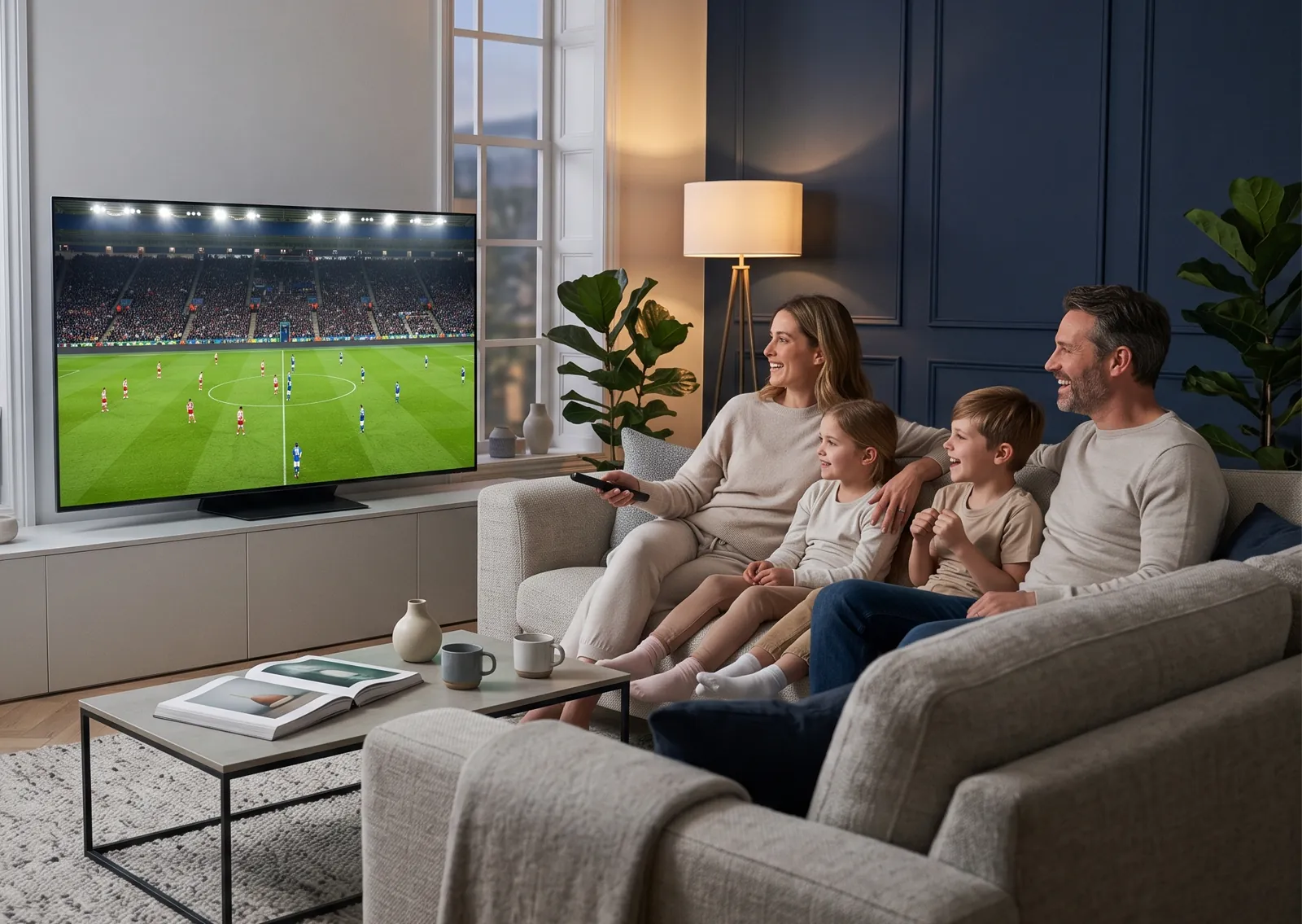 A family relaxing on a sofa, watching a football match on a large flat-screen TV in a living room